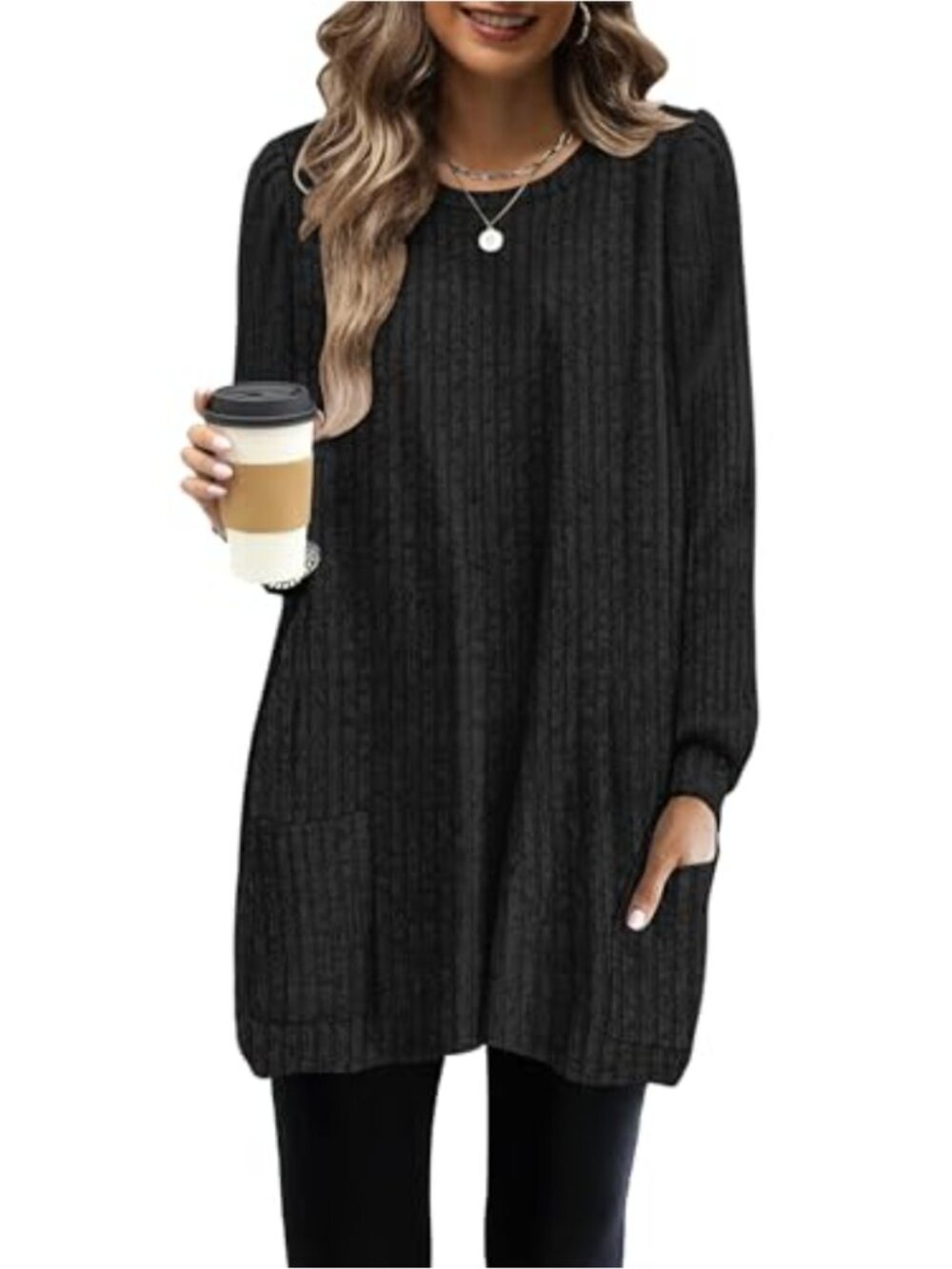 Long Sleeve Tunic Top with Pockets Cozy Loose Fit Sweater Dress
